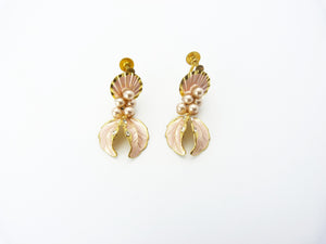 Vintage Gold Tone, Pink & Faux Pearl Screw Back Earrings Signed West Germany
