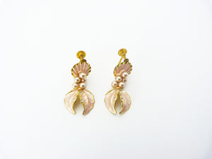 Vintage Gold Tone, Pink & Faux Pearl Screw Back Earrings Signed West Germany