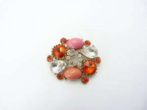 Vintage Orange, Pink & Clear Rhinestone Diamante Brooch