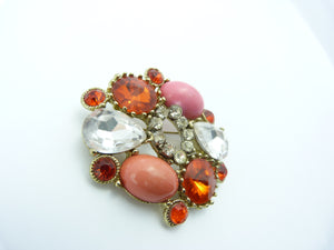 Vintage Orange, Pink & Clear Rhinestone Diamante Brooch