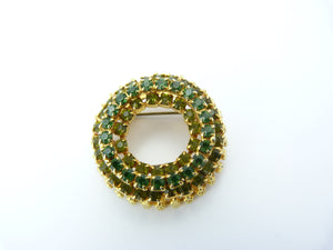 Vintage Gold Tone & Emerald Green Rhinestone Diamante Circular Brooch