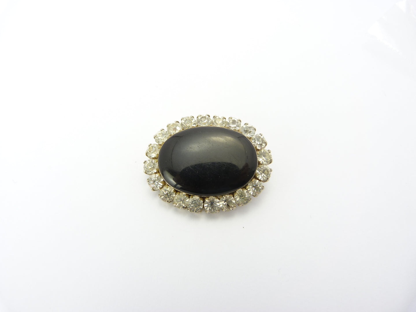Vintage Black Glass Stone & Clear Rhinestone Oval Brooch