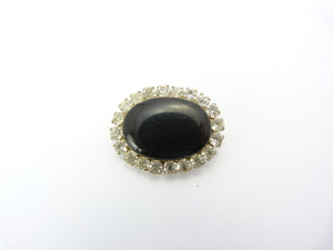 Vintage Black Glass Stone & Clear Diamante Oval Brooch