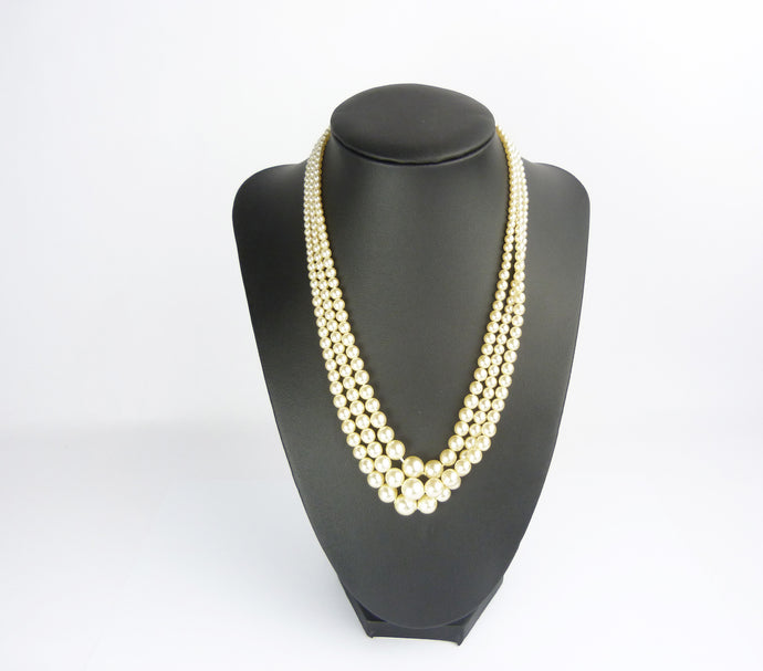 Vintage Faux Pearl Triple Multi-Strand Necklace