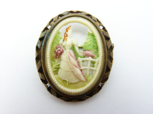 Vintage Art Deco Carved Celluloid Victorian Lady Brooch