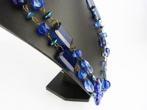 Vintage Art Deco Style Long Blue Bead Flapper Necklace