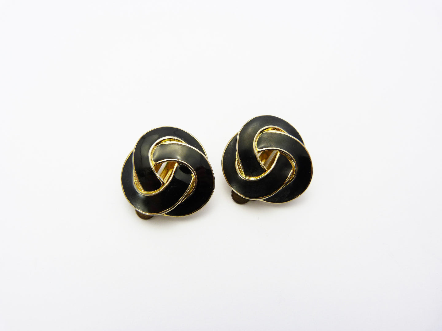 Vintage Gold Tone & Black Enamel Knot Clip On Earrings