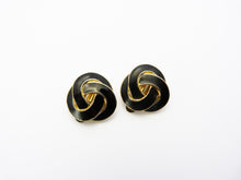 Load image into Gallery viewer, Vintage Gold Tone &amp; Black Enamel Knot Clip On Earrings