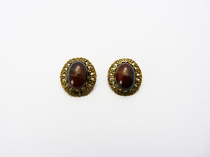 Vintage Art Deco Czech Filigree Brown Amber Glass Clip On Earrings