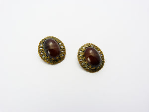 Vintage Art Deco Czech Filigree Brown Amber Glass Clip On Earrings