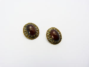 Vintage Art Deco Czech Filigree Brown Amber Glass Clip On Earrings 