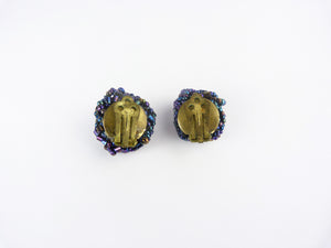 Vintage Aurora Borealis Blue Seed Bead Clip On Earrings