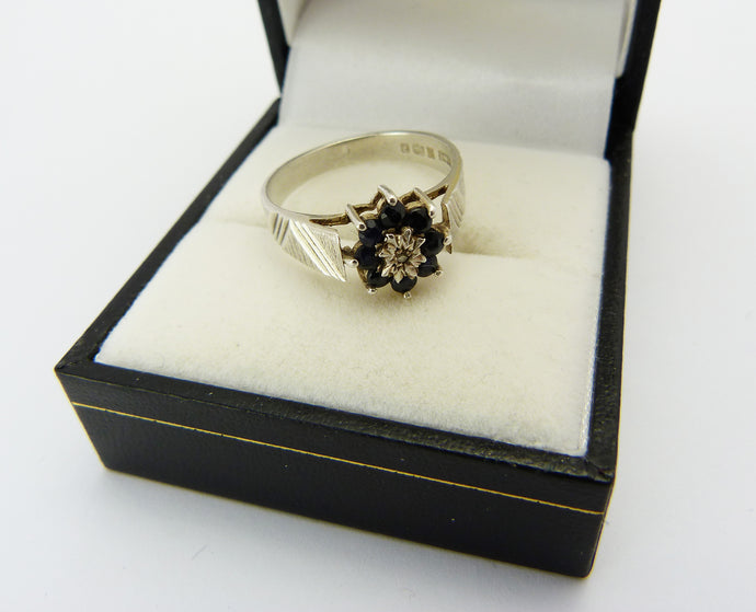 Vintage Sterling Silver, Sapphire & Diamond Cluster Ring