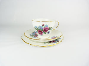 Vintage Crown Royal Bone China Pink Roses Trio Set - Tea Cup, Saucer & Side Plate