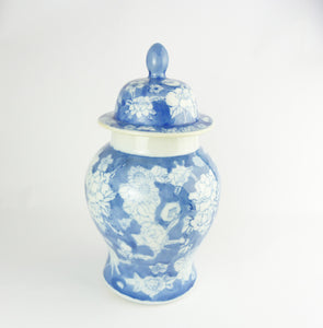 Vintage Oriental Hand Painted Floral Blue & White Ginger Jar