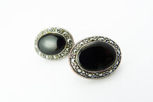 Load image into Gallery viewer, Silver Marcasite &amp; Black Clip On Earrings