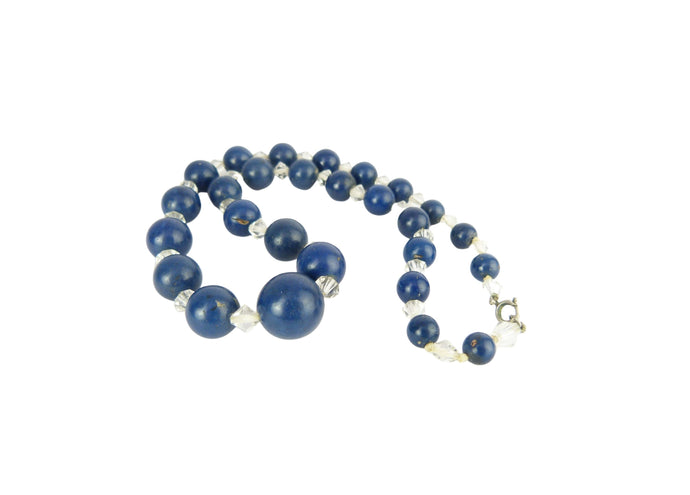 Vintage Art Deco Blue & Clear Bead Necklace