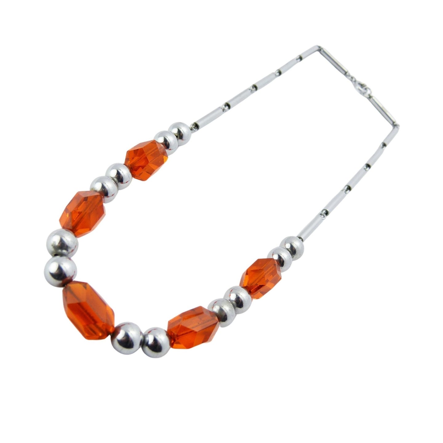 Vintage Art Deco Orange Glass bead & Chrome Necklace