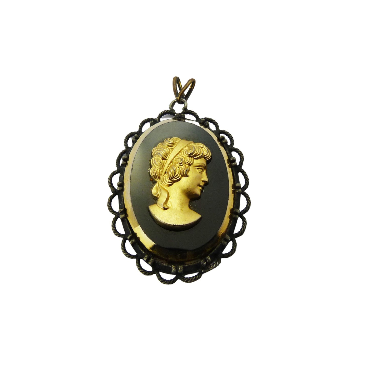 Vintage Black & Gold Glass Cameo Pendant Signed Exquisite