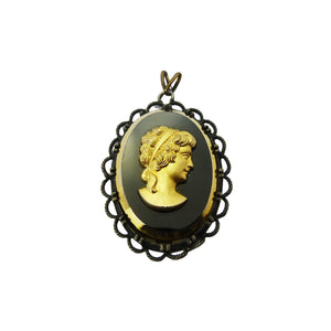 Vintage Black & Gold Glass Cameo Pendant Signed Exquisite