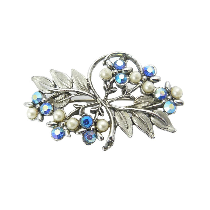 Vintage Silver, Blue Aurora Borealis Rhinestone & Faux Pearl Leaf Brooch