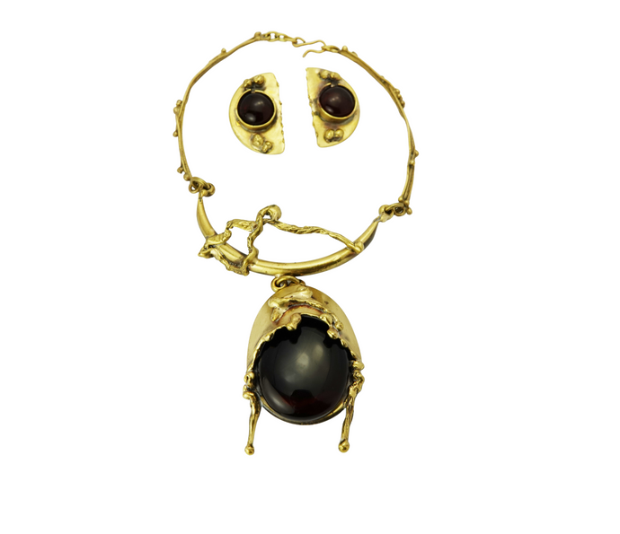 Vintage Brutalist Brass Garnet Glass Necklace & Earrings