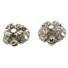 Load image into Gallery viewer, Vintage Czech Silver Filigree &amp; Clear Paste Clip On Earrings