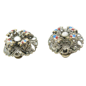 Vintage Czech Silver Filigree & Clear Paste Clip On Earrings