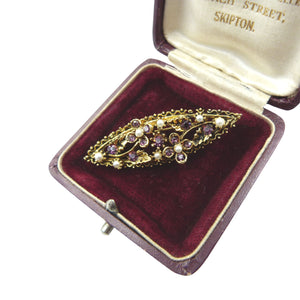 Vintage Gold Tone Purple Glass & Faux Pearl Signed Dorene