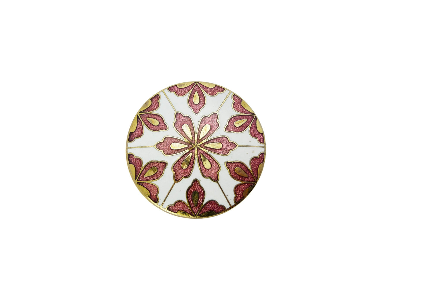 Vintage Gold Tone Red & White Cloisonne Enamel Flower Brooch