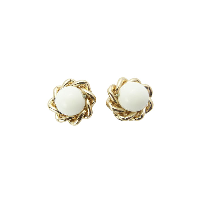 Vintage Gold Tone & White Glass Bead Clip On Earrings