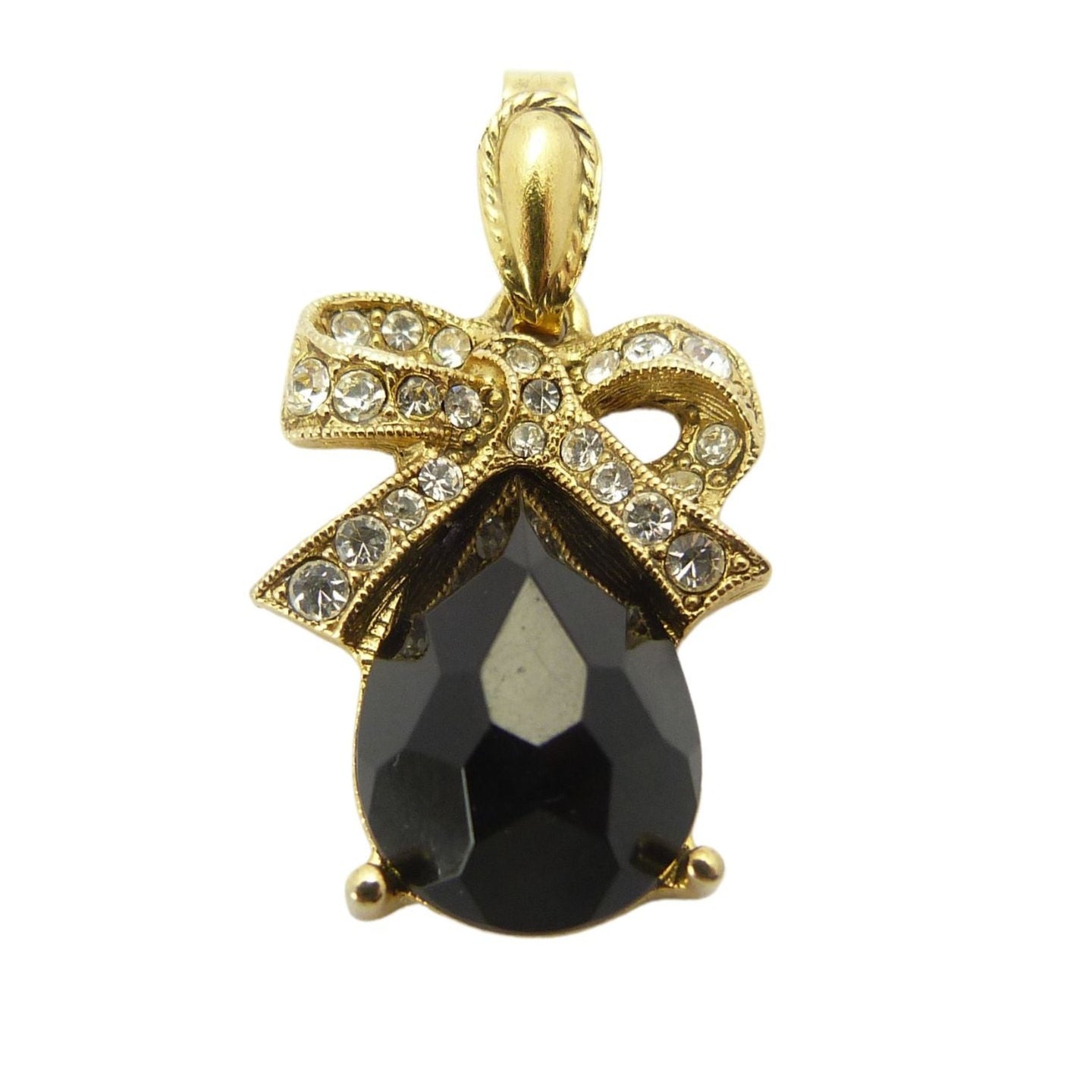 Vintage Gold & Black Stone Teardrop Bow Pendant