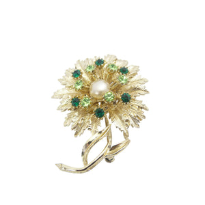 Vintage Gold Tone, Green Rhinestone & Faux Pearl Flower Brooch