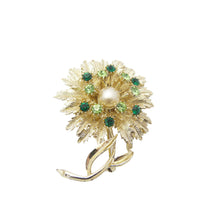 Load image into Gallery viewer, Vintage Gold Tone, Green Rhinestone &amp; Faux Pearl Flower Brooch