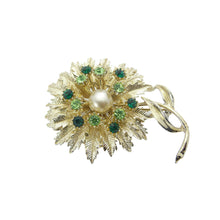 Load image into Gallery viewer, Vintage Gold Tone, Green Rhinestone &amp; Faux Pearl Flower Brooch