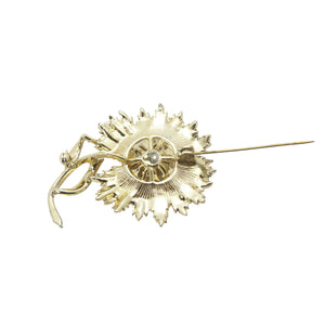 Vintage Gold Tone, Green Rhinestone & Faux Pearl Flower Brooch