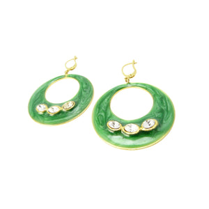 Vintage Green Enamel & Gold Hoop Earrings