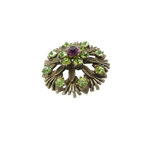 Vintage Green & Purple Rhinestone Leaf and Floral Brooch