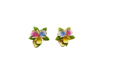 Load image into Gallery viewer, Vintage Pink, Blue &amp; Yellow Enamel Flower Clip On Earrings