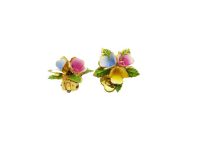 Vintage Pink, Blue & Yellow Enamel Flower Clip On Earrings