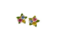 Load image into Gallery viewer, Vintage Pink, Blue &amp; Yellow Enamel Flower Clip On Earrings
