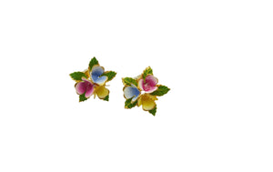 Vintage Pink, Blue & Yellow Enamel Flower Clip On Earrings