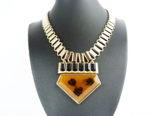 Load image into Gallery viewer, Vintage 1980&#39;s Gold Tone, Black &amp; Brown Stone Pendant Collar Necklace - Statement Necklace- Geometric Necklace