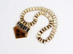 Vintage 1980's Gold Tone, Black & Brown Stone Pendant Collar Necklace - Statement Necklace- Geometric Necklace