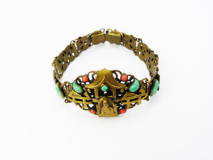 Vintage Art Deco Max Neiger Czech Bracelet- Brass & Peking Glass Buddha Neiger Bracelet - Czech Neiger Brothers Jewellery