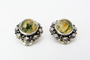 Vintage Art Deco Silver & Moss Agate Clip On Earrings - Dendritic Agate Earrings - Chalcedony Quartz Earrings - Fern Earrings
