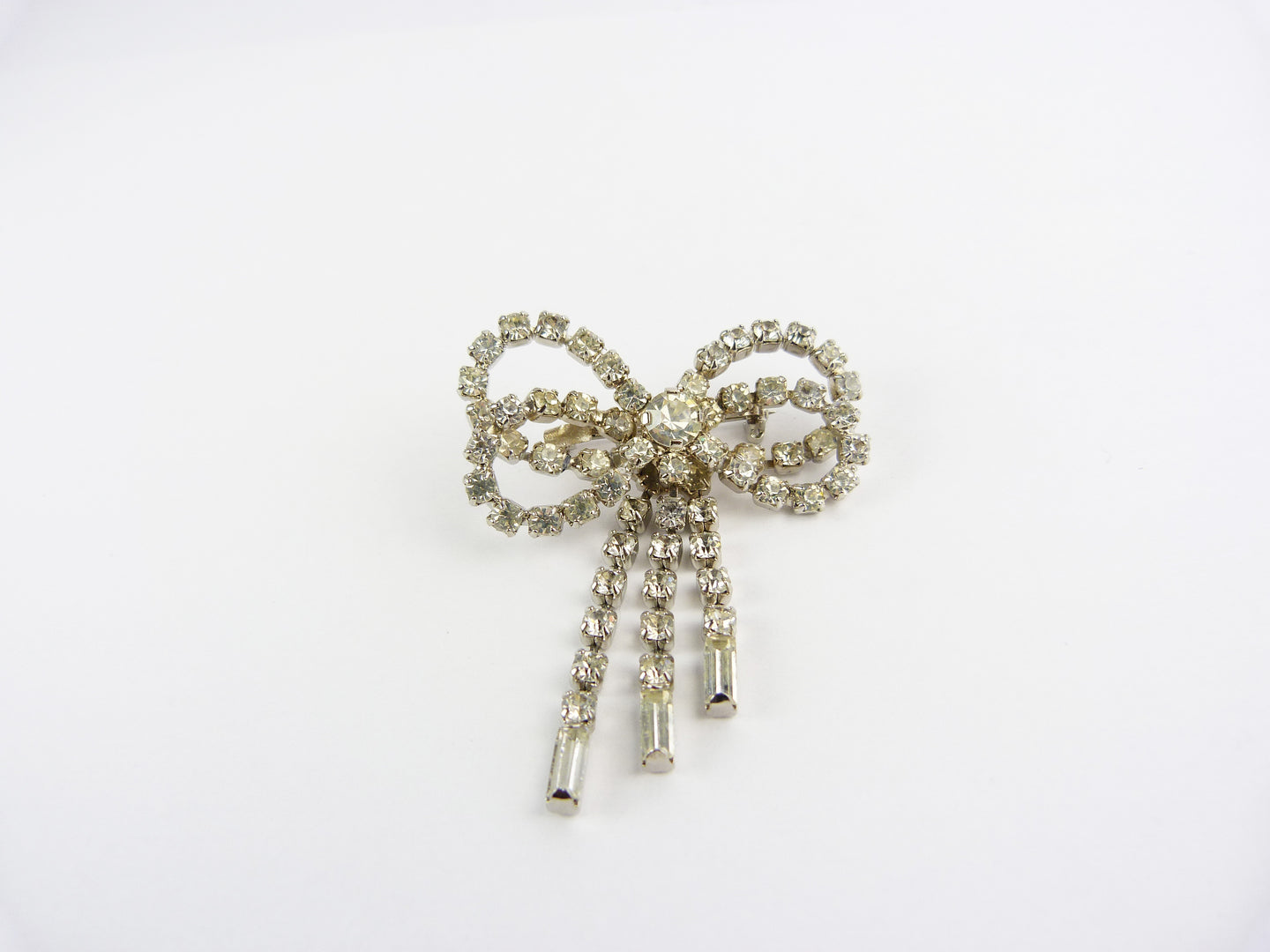 Vintage Art Deco Style Paste Clear Crystal Rhinstone Bow Brooch