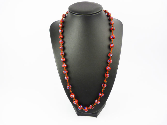 Vintage Art Deco Venetian Millefiori Red Glass Bead Necklace