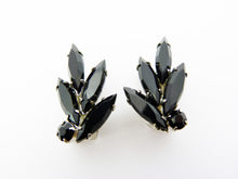 Load image into Gallery viewer, Vintage Black Navette Rhinestone Flower Clip on Earrings