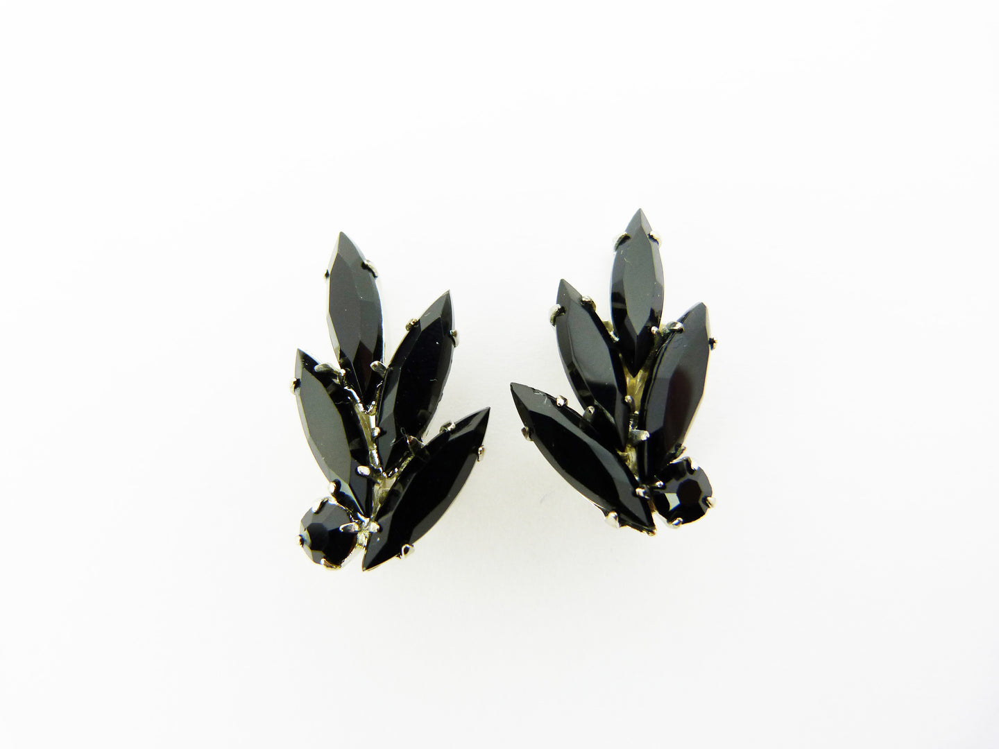 Vintage Black Navette Rhinestone Flower Clip on Earrings